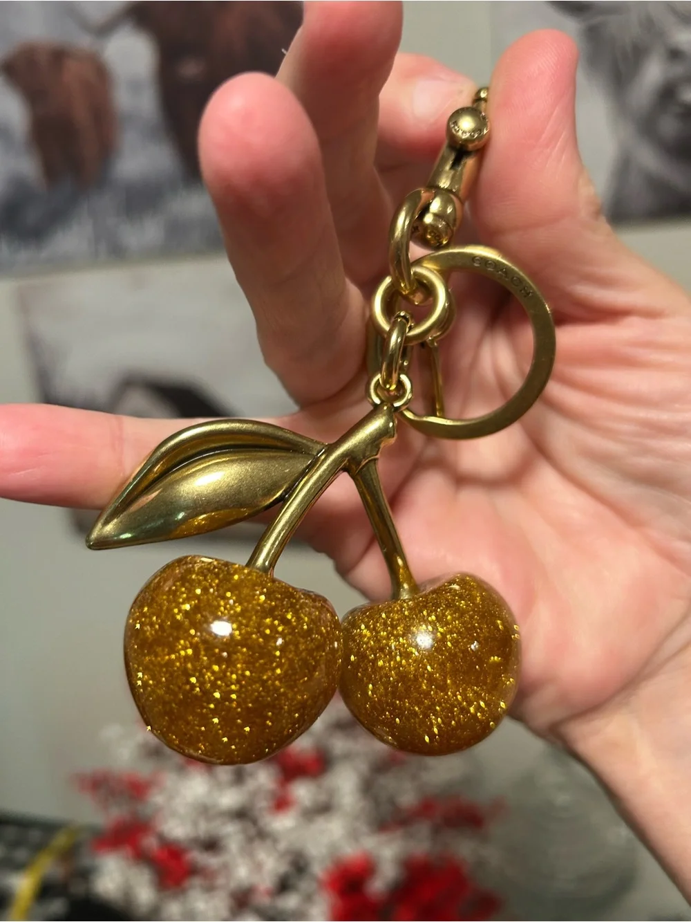 Coach❤️Gold-tone Glitter Golden Cherry Keychain Charm - Picture 3 of 7